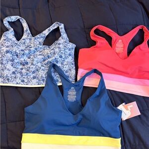 3 Active Sports Bras - Blue Floral, Coral Pink, Navy + Yellow